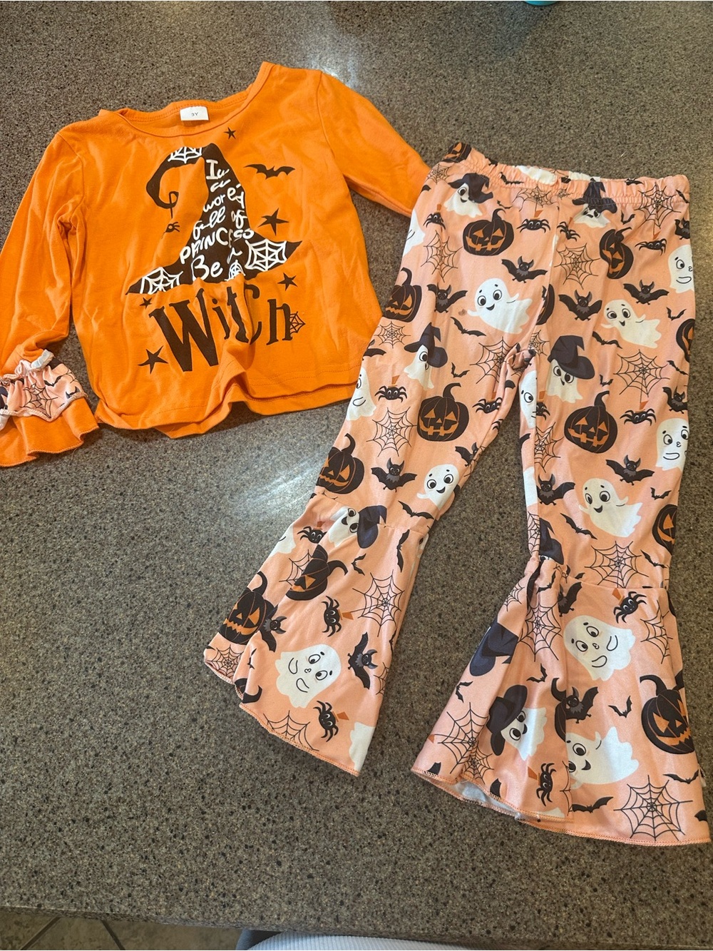 Kids Halloween Orange Witch Top & Ghost Pumpkin Bell-Bottom Pants Set